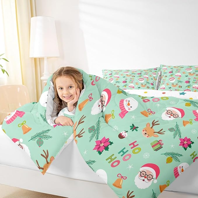 Feelyou Christmas Decor Bedding Set Soft for Boys Girls, Happy New Year Comforter Set Full Size Santa Claus Duvet Quilt Microfiber Bedroom Decor 3 Pcs with 2 Pillow Cases