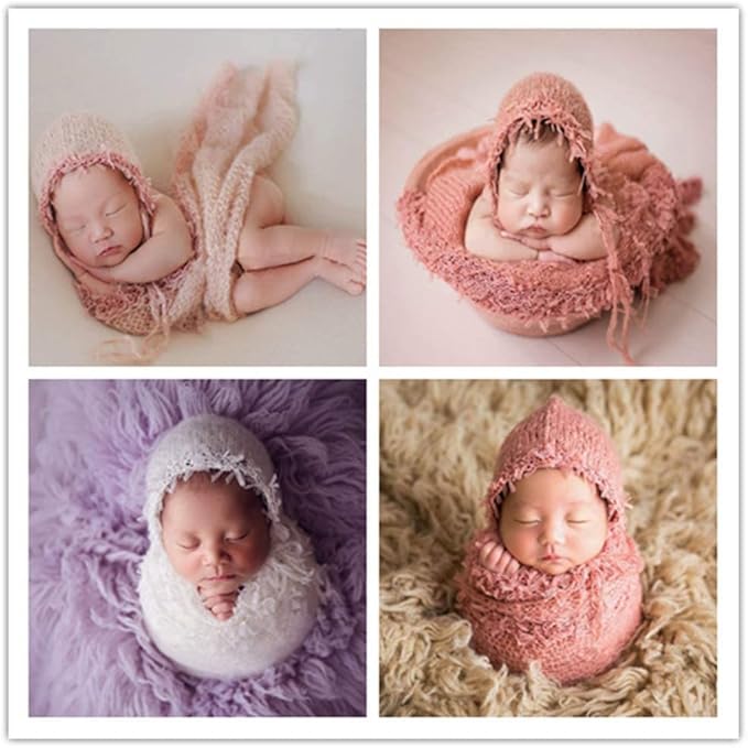 Vemonllas Newborn Infant Baby Boys Girls Photography Props Mohair Lace Hat and Wrap Blanket Cloth (Light Pink)