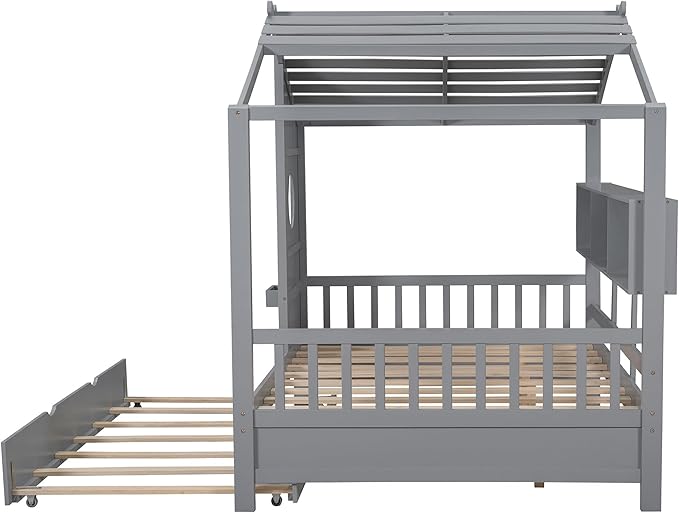 Bellemave Full Size House Bed with Trundle for Kids,Full Kids Bed Frame with Storage Shelves,Wood House Bed Frame for Girls,Boys,Can be Decorated,Gray