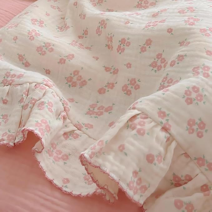 BuLuTu Pink Galsang Flower Print Girls Duvet Cover Twin Size Comforter Cover Gauze Cotton Kids Teens Bedding Vintage Floral Design Quilt Cover with Ruffles, 68"x86", No Pillow Case/Comforter
