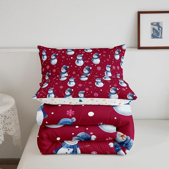 jejeloiu Kids Cute Winter Snowman Comforter Set Twin Size Red Christmas Theme Bedding Set for Boys Girls Teens Xmas Snowflake Happy New Year Duvet Quilt Room Decor