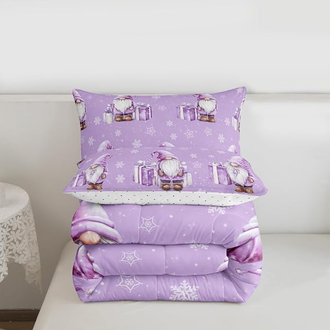 Feelyou Purple Christmas Kids Comforter Set Full Size Scandinavian Christmas Santa Gnomes Bedding Set Xmas Snowflake Duvet Quilt for Kids Boys Girls Bedroom Decor Ultra Soft Breathable