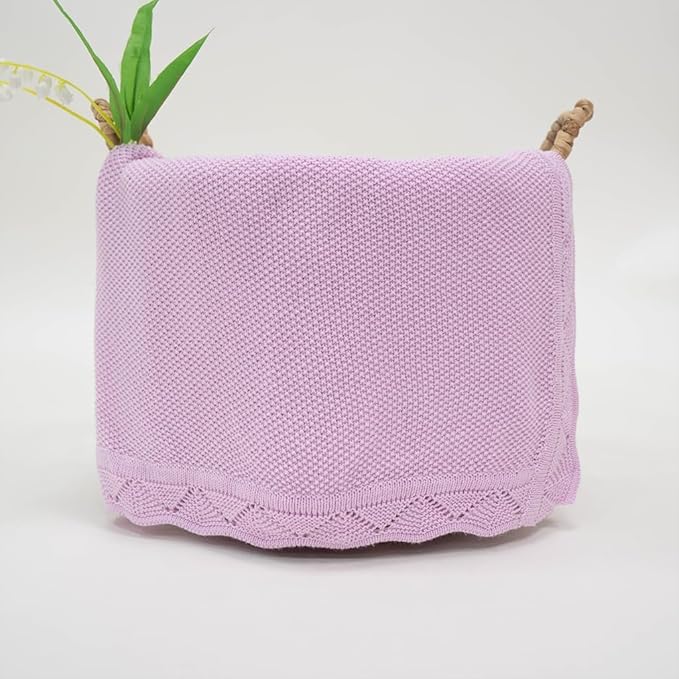 Baby Knit Blanket Soft Breathable Cotton Scallop Border Blankets Newborn Knitted Blanket Swaddle Blankets Gifts for Baby Newborn Toddler Shower Boy Girl New Mom Birthday Christmas Lilac 28x36