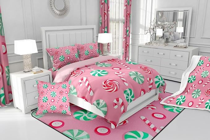 Feelyou Christmas Comforter Set King Size Candy Bedding Set for Kids Boys Girls Xmas Theme Duvet Quilt Bedroom Decor Microfiber 3 Pcs with 2 Pillow Cases