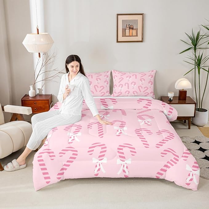 Feelyou Merry Christmas Comforter Set Toddler Size Pink Candy Cane Bedding Set for Kids Boys Girls Bow Duvet Quilt Bedroom Decor Microfiber 2 Pcs with 1 Pillow Cases