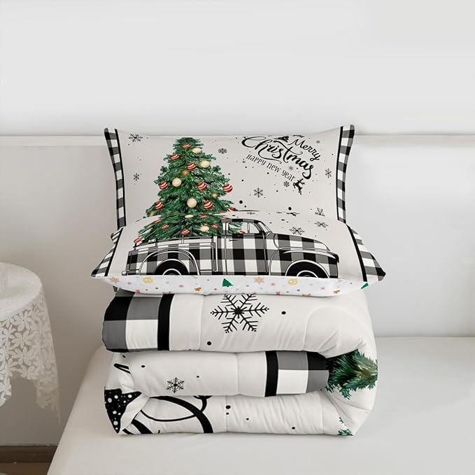 Christmas Truck Kids Comforter Set King Size,Snowflake Pines Trees Rustic Bedding,Girls Boys Adults Bedroom/Xmas Cabin Decor,Geometric Grids Lattice Down Comforter,Retro Duvet Insert,2 Pillowcases