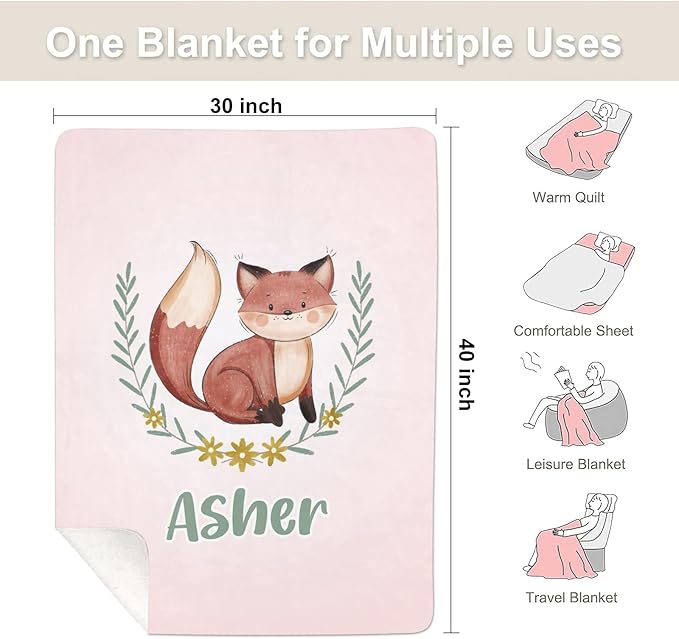 Cute Fox Pink Personalized Receiving Sherpa Fleece Baby Blankets for Girls Boys Kids, Swaddle Blankets Gift for Newborn Crib Infants 30x40 Inches