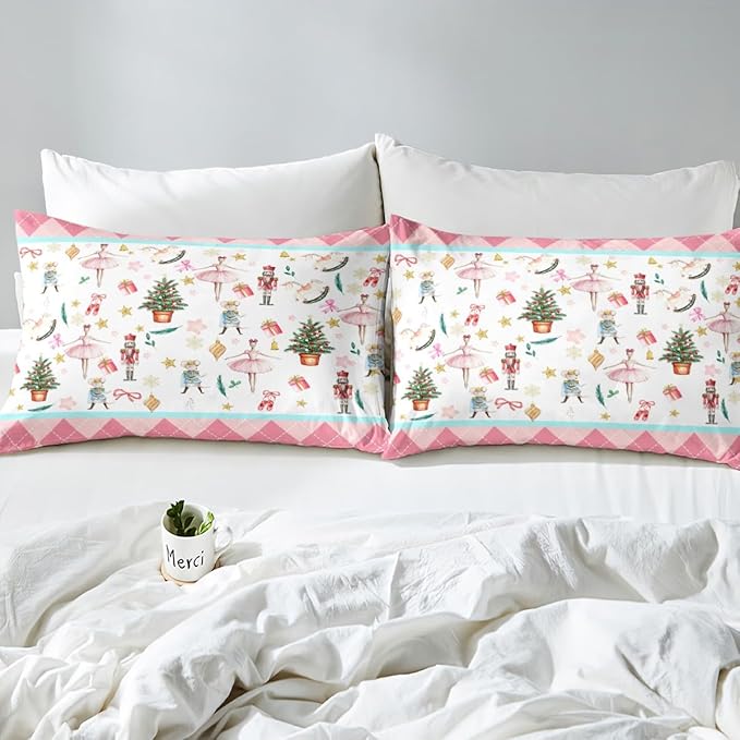 Nutcracker Christmas Pink Comforter Cover Full Size Xmas Royal Guarder Ballet Princess Duvet Cover New Year Pink Buffalo Plaid Bedding Set Gifts for Kids Boys Girls 2 Pillow Cases