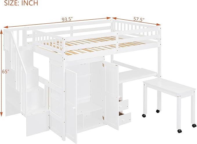 Merax Kids Full Multifunction Loft Bed with Desk/Wardrobe, Wood Storage Loft Bed with Staircase, Bookshelf & Drawers, No Box Spring Needed, Space Saving, White