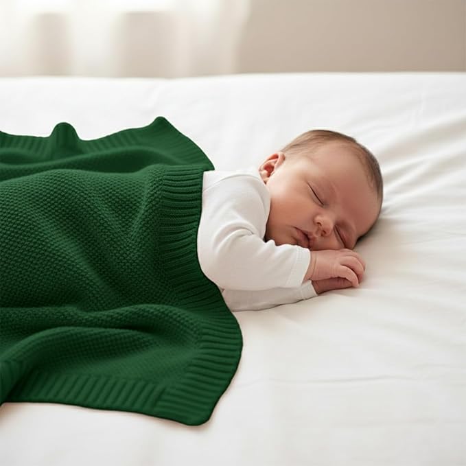 Baby Knit Blanket Soft Cotton Lightweight Newborn Blanket for Crib Stroller Toddler Nursery Shower Gift Cozy Breathable Travel Swaddle Wrap Green 30 x 40 Inches
