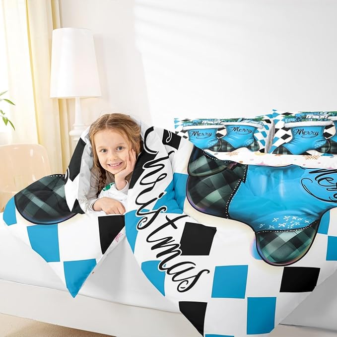 Feelyou Merry Christmas Kids Comforter Set Queen Size Cartoon Shoes Bedding Set Duvet Quilt for Kids Boys Girls Bedroom Winter Decor Microfiber Ultra Soft Breathable