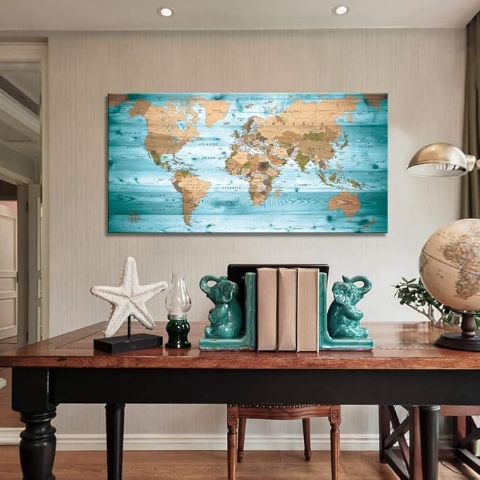 Large Wall Art Blue map of The World Painting Ready to Hang 36"x70"Large Framed Wall Art World Map Canvas Map Decorations Artwork Prints