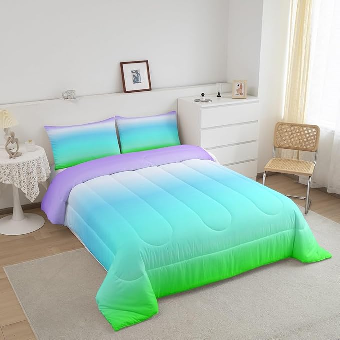 Blue Green Ombre Comforter Full Size, Colorful Gradient Comforter Set for Boys Girls Rainbow Ombre Bedding Set Luxury Modern Duvet Set Decorative Microfiber Bed Set
