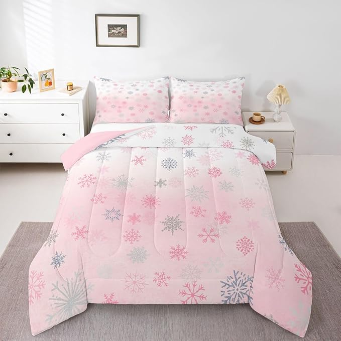 Feelyou Pink Snowflake Comforter Set Full, Glitter Snowflake Comforter for Boys Girls Winter Theme Bedding Set Winter Holiday Duvet Set Decorative 3Pcs