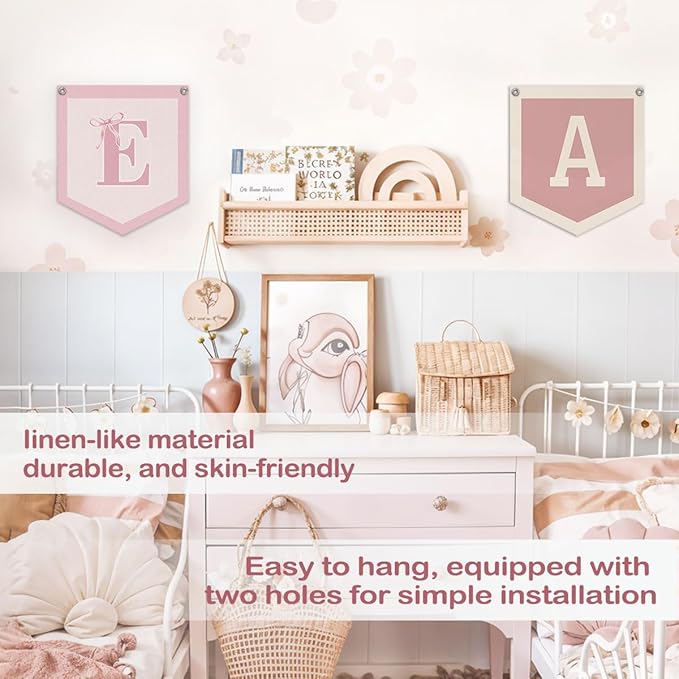 Lacama Initial Personalized Preppy Banner, Baby Girl Nursery Shower Decor Gifts, Coquette Pink Bow Teen Girl Gifts, Vintage Room Decor Toddler Room Bedroom Playroom Front Door Birthday Gift(E)