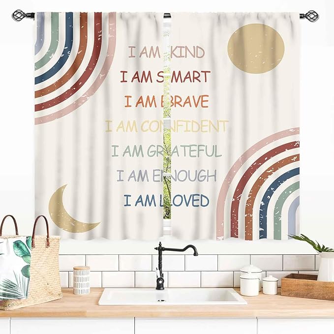 Rainbow Curtains for Girls Bedroom, Boho Rianbow Quotes Inspirational Motivational Positive Colorful Pastel Window Drapery for Baby Kids Living Room Toddler Nursery Classroom 2 Panels, 55x39 Inch