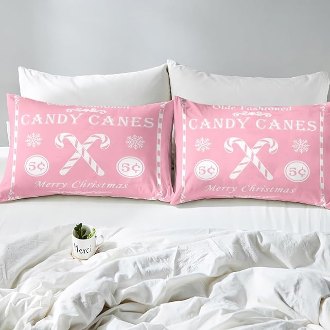 jejeloiu Christmas Bedding Set Full Size Kids Christmas Quote Comforter Cover Set for Boys Girls Teens Candy Canes Print Duvet Cover Xmas Bedspread Cover Room Decorations Pink White Quilt Cover