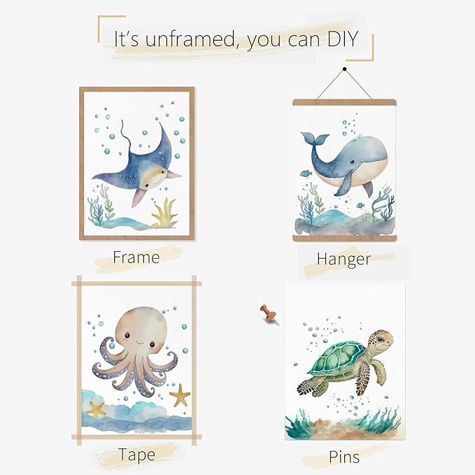 Wodkwq Nursery Wall Art Sea Animal Canvas Prints Baby Girl Boy Room Decor Watercolor Paintings Pictures Cute Ocean Theme Toddler Room Decoration Set of 6 for Kids Bedroom Bathroom 12x16in Unframed
