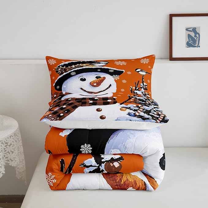 Feelyou Kids Christmas Theme Decorations Bedding Set Xmas Snowman Comforter Set for Boys Girls Snowflake Kawaii Cute Comforter Pumpkin Orange Quilt Set Bedroom Collection Full Size