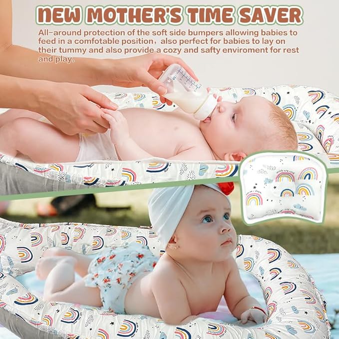 JIFTOK Baby Nests Lounger for Newborn, Snuggle Bassinet for 0-24M, Breathable Portable Co Bed, Baby Essentials Adjustable Infant Soft Cotton Loungers for Home & Travel -Rainbow