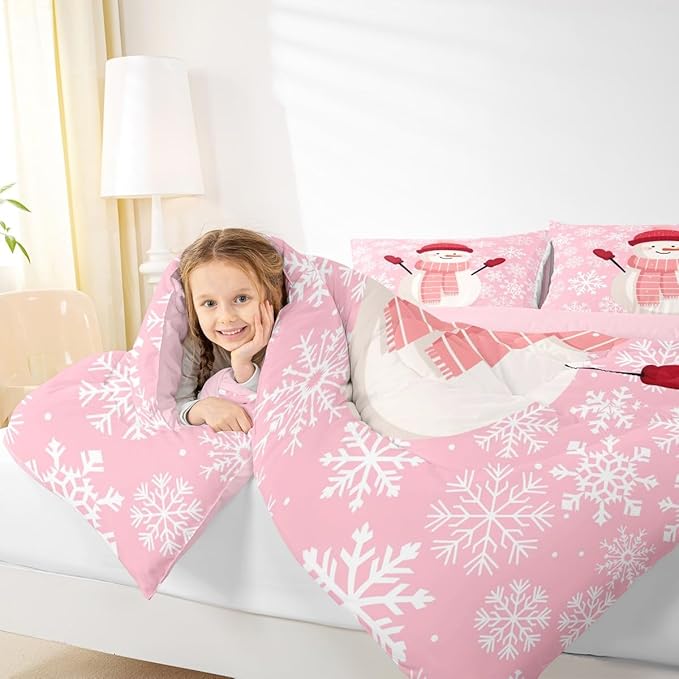 Feelyou Christmas Bedding Set Soft for Boys Girls, Snowman Pink Comforter Set King Size Xmas Snowflakes Duvet Quilt Microfiber Winter Snow Bedroom Decor 3 Pcs with 2 Pillow Cases
