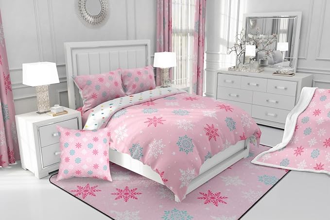 Feelyou Winter Snowflakes Bedding Set Soft for Boys Girls, Winter Holiday Comforter Set Twin Size Frozen Snowflake Duvet Quilt Microfiber Pink Bedroom Decor 2 Pcs with 1 Pillow Cases