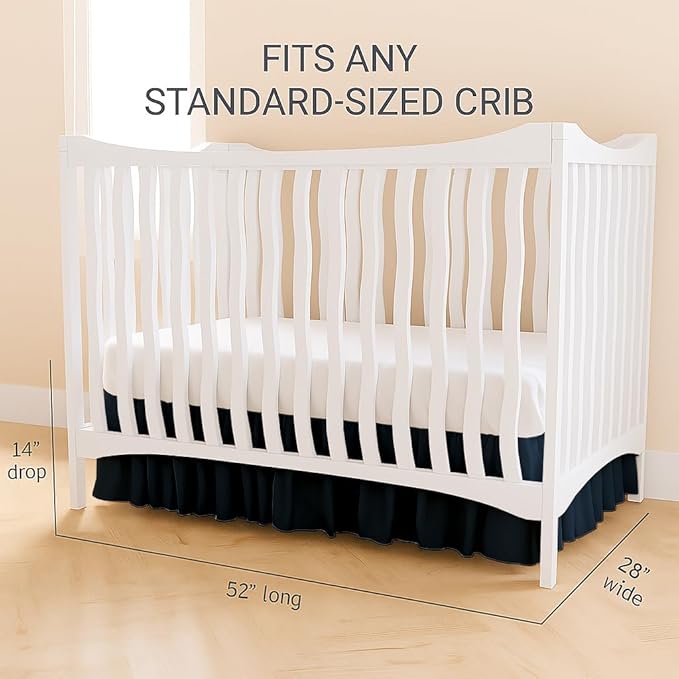 Crib Bed Skirt Dust Ruffle with Split Corners, 100% Cotton, Navy Blue Nursery Crib Skirt for Baby Boys or Girls, 28x52, 14" Drop, Toddler Bed Skirt, Baby Bedding, Crib Sheet Skirt, Soft & Breathable