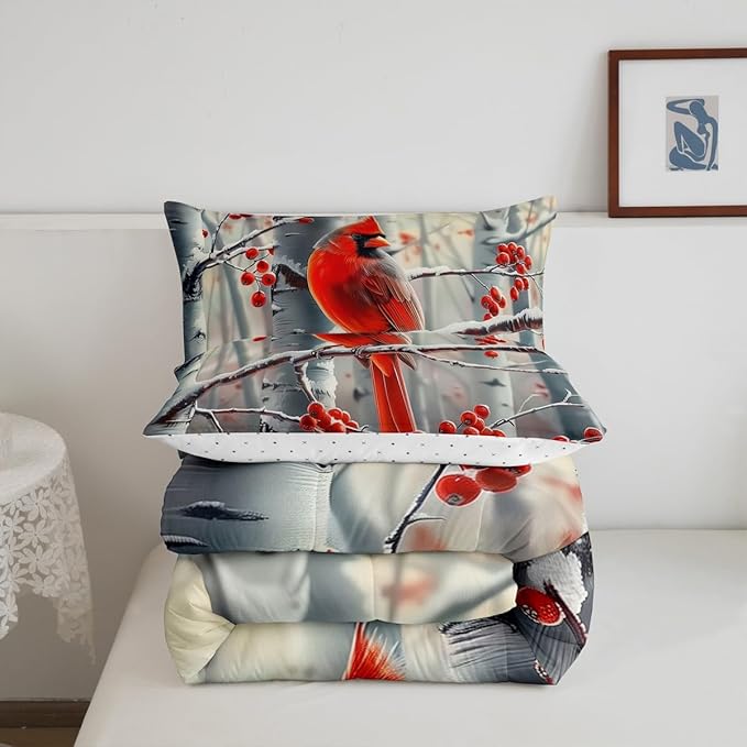 jejeloiu Kids Red Cardinal Comforter Set Toddler Christmas Theme Bedding Set for Boys Girls Teens Xmas Birds Winter Rustic Country Farm Animal Duvet Quilt Room Decor
