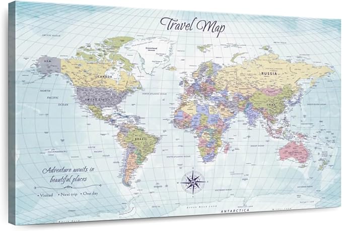 ElephantStock - Push Pin Travel Map World I Wall Art - Horizontal Canvas Wall Art - Living Room Wall Decor - Printmaking Map Canvas Art - Blue And Beige Decor - 30" x 20"