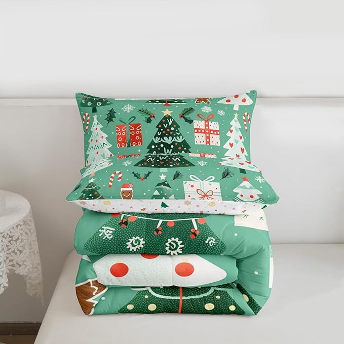 Feelyou Christmas Bedding Set Soft for Boys Girls, Xmas Tree Snowflake Comforter Set Twin Size Gingerbread Man Duvet Quilt Microfiber New Year Gift Bedroom Decor 2 Pcs with 1 Pillow Cases