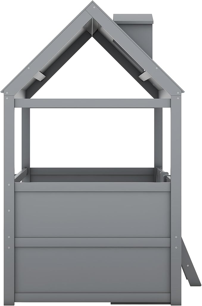 Merax Twin Size House Bed Frame with Full-Length Fence and 4 Storage Drawers, Kids Playhouse Tent Bed with Roof and 2-Step Ladder for Children Boys Girls Teens Bedroom, Solid Wood Slats Support, Gray
