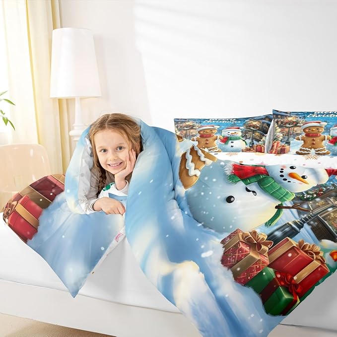 Gingerbread Man Kid Comforter Set Queen Size,Cute Snowman Merry Christmas Bedding Set,Girl Boy Room Decor,Snowflake Xmas Poinsettia Quilt Comforter,Blue Brown Duvet Set Bedroom Quilt Set,2 Pillowcases
