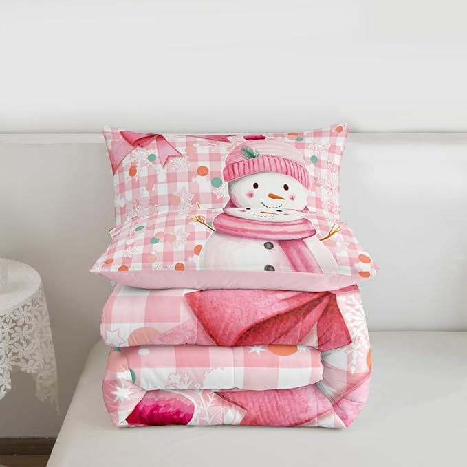 Castle Fairy Pink White Geometric Grid Dots Bed Comforter Set Queen Size,Pink Bow Girly Style Super Soft Microfiber Bedding Set for Adults Teens,Cute Cartoon Snowman Comforter Set,2 Pillowcases