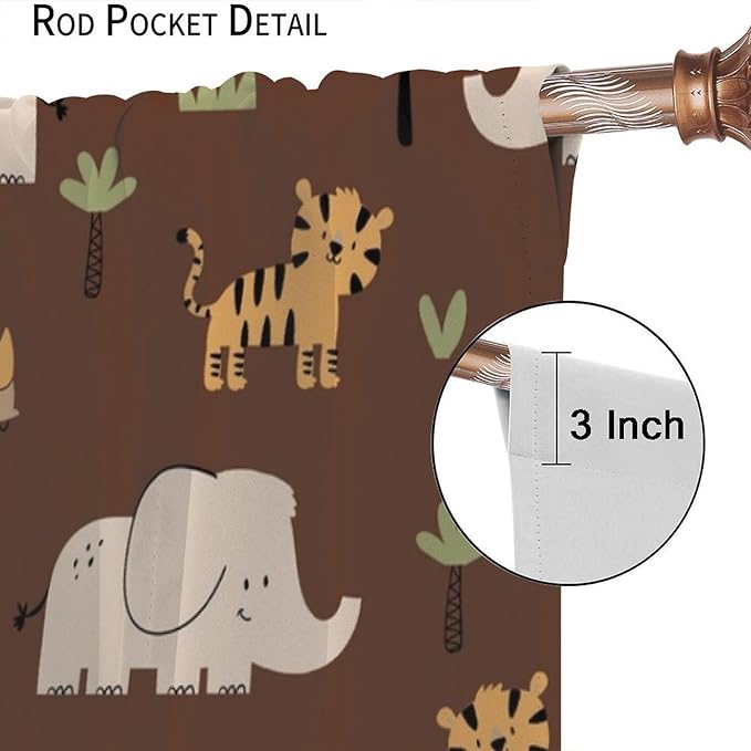 Jungle Safari Animals Blackout Curtains Cartoon Tropical Forest Animals Elephant Tiger Brown Art Print for Kids Boys Bedroom Nursery Rod Pocket Decoration Window Drapes 2 Panels W26xL84in