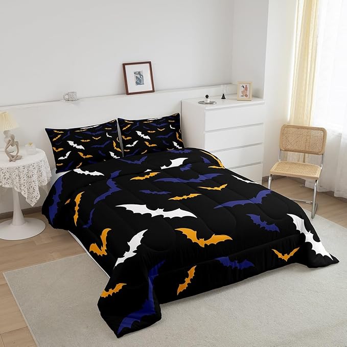 Erosebridal Bat Comforter Set King Size for Kids Boys Happy Halloween Decor Quilt with 2 Pillow Cases Bats Animal Silhouette Bedding Set Gothic Spooky White Duvet Insert,Orange