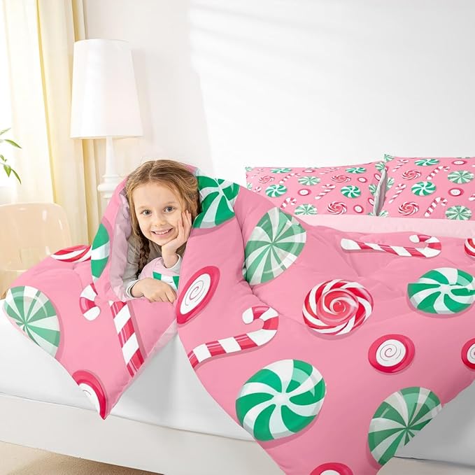 Feelyou Christmas Comforter Set Toddler Size Candy Bedding Set for Kids Boys Girls Xmas Theme Duvet Quilt Bedroom Decor Microfiber 2 Pcs with 1 Pillow Cases