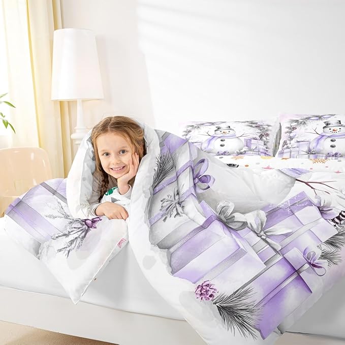 Feelyou Merry Christmas Bedding Set Soft for Boys Girls, Cute Snowman Comforter Set Queen Size Duvet Quilt Microfiber Snowflake Bedroom Decor 3 Pcs with 2 Pillow Cases