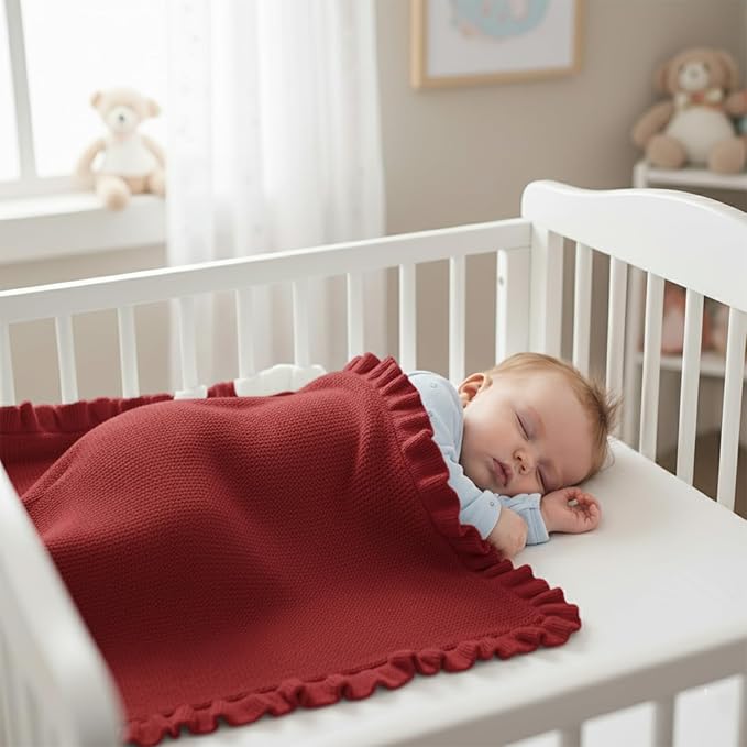 Cotton Baby Blanket with Ruffle Edge Soft Breathable Newborn Blanket for Boys & Girls, Lightweight Knit Throw for Crib, Stroller & Nursery Multiple Colors Available Red 30x40