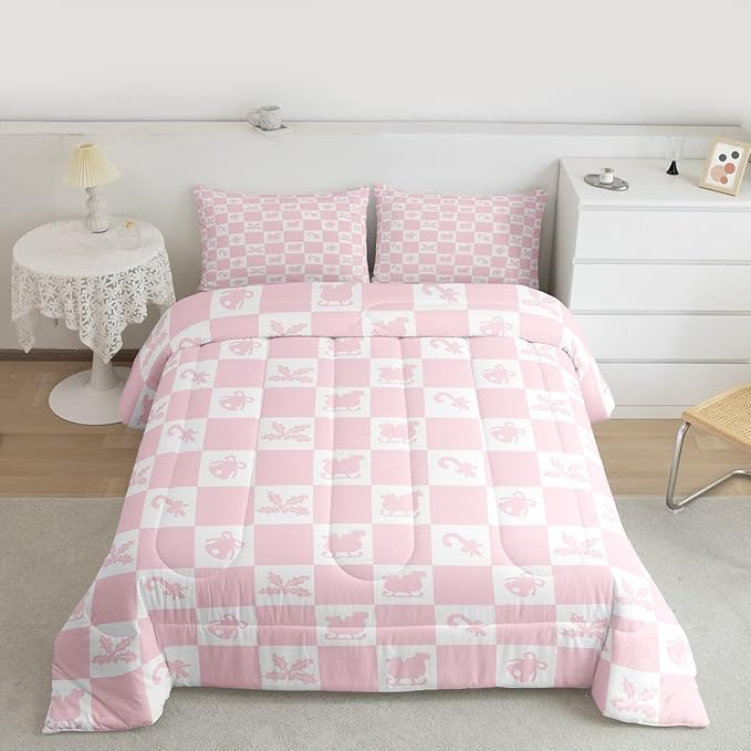 Feelyou Christmas Comforter Set King Size Checkered Pattern Bedding Set for Kids Boys Girls Holiday Theme Duvet Quilt Xmas Decorations Bedroom Decor Pink Microfiber 3 Pcs with 2 Pillow Cases