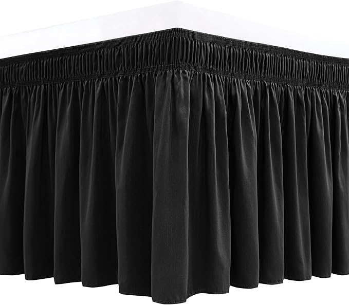 Biscaynebay Wrap Around Bed Skirts for Full & Full XL Beds 17" Long Drop, Black Adjustable Elastic Dust Ruffles Easy Fit Wrinkle & Fade Resistant Silky Luxurious Fabric Solid Machine Washable
