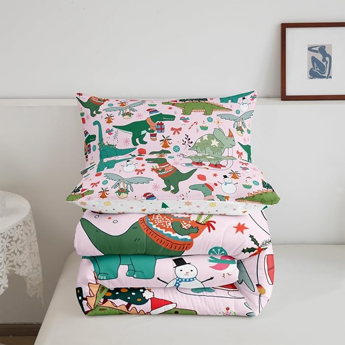 Feelyou Christmas Pink Comforter Set Full Size for Kids Boys Girls Cartoon Xmas Dinosaur Bedding Set Snowman New Year Decorations Bedroom Quilt Set