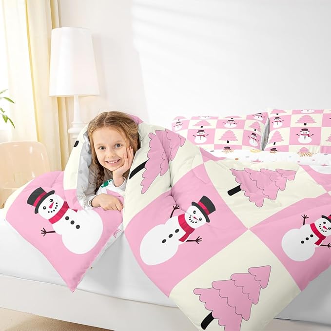 Feelyou Pink Christmas Kids Comforter Set Queen Size Snowman Bedding Set Xmas Tree Duvet Quilt for Kids Boys Girls Bedroom Decor Microfiber Ultra Soft Breathable