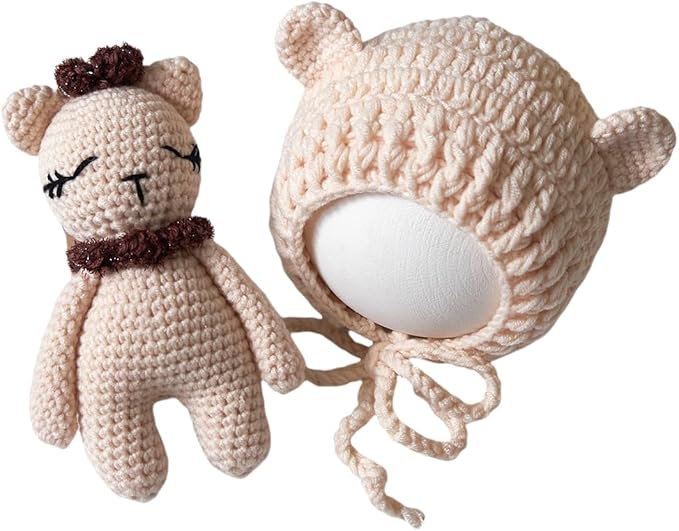 Zeroest Newborn Photography Outfits Boy Girl Bear Props Baby Photoshoot Crochet Bonnet Stuffed Animals for Newborn Photo