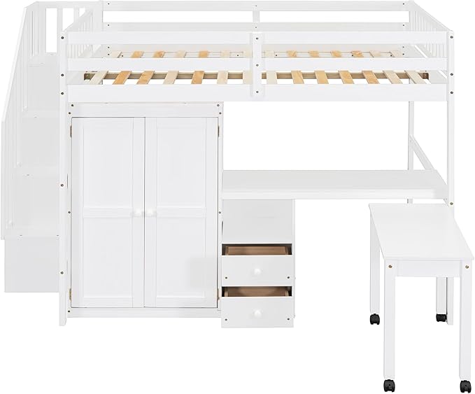 Merax Kids Full Multifunction Loft Bed with Desk/Wardrobe, Wood Storage Loft Bed with Staircase, Bookshelf & Drawers, No Box Spring Needed, Space Saving, White