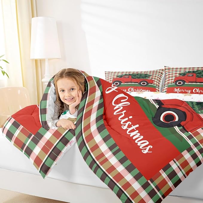 Feelyou Merry Christmas Kids Comforter Set Toddler Size Christmas Tree Bedding Set Snowflake Duvet Quilt for Kids Boys Girls Bedroom Winter Decor Microfiber Ultra Soft Breathable