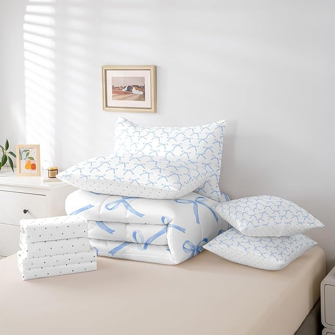 7 Pieces Cartoon Bowknot Kids Comforter Queen Size,Bow Tie Knot Geometric Patchwork Fashion Bedding Set,Hand-painted Sketch Blue Noble（Comforter+Fitted+Flat+2 Pillowcases+2 Throw Pillow Covers）