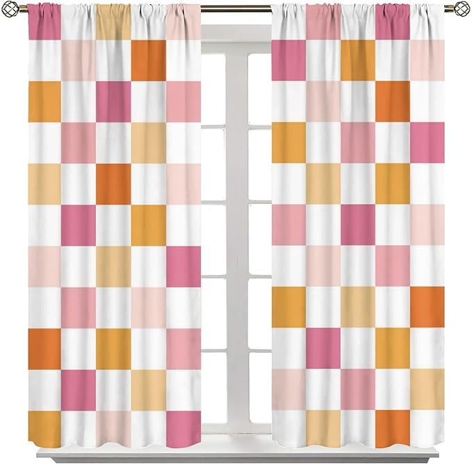 Pink Checkered Curtains,70s Vintage Twisted Checkered Window Drapes Colorful Groovy Trendy Wavy Hippie Grid Print Window Treatments for Kids Girls Bedroom Living Room 52" W X 84" L