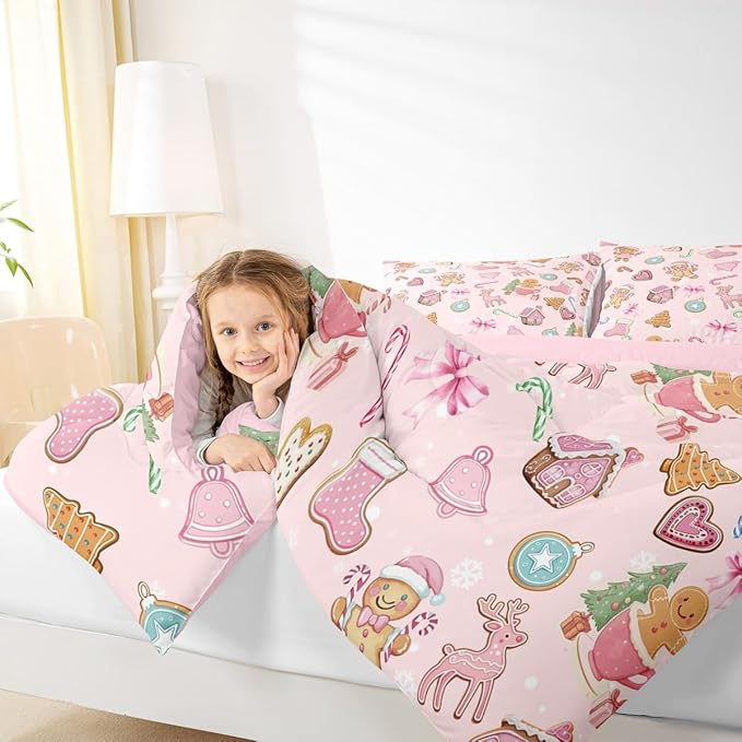 Merry Christmas Comforter Set King Size,Gingerbread Man Elk Deer Bowknot Kids Bedding Set,Cute Girly Bow Tie Xmas Tree Quilt Comforter,Pink Colorful Duvet Insert,2 Pillowcases
