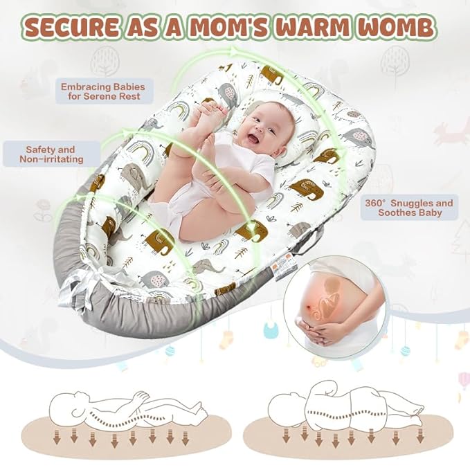 JIFTOK Baby Nests Lounger for Newborn, Snuggle Bassinet for 0-24M, Breathable Portable Co Bed, Baby Essentials Adjustable Infant Soft Cotton Loungers for Home & Travel -Elephant