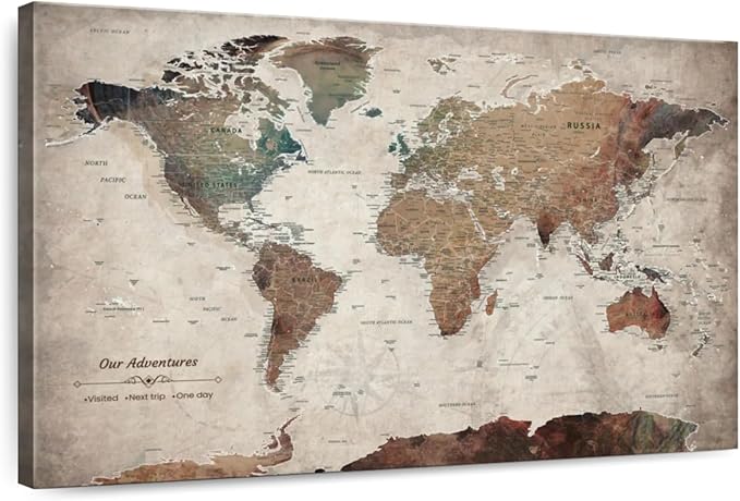 ElephantStock - Our Adventures World Map With Push Pin Iii Wall Art - Horizontal Canvas Wall Art - Living Room Wall Decor - Printmaking Map Canvas Art - Beige And Brown Decor - 24" x 16"